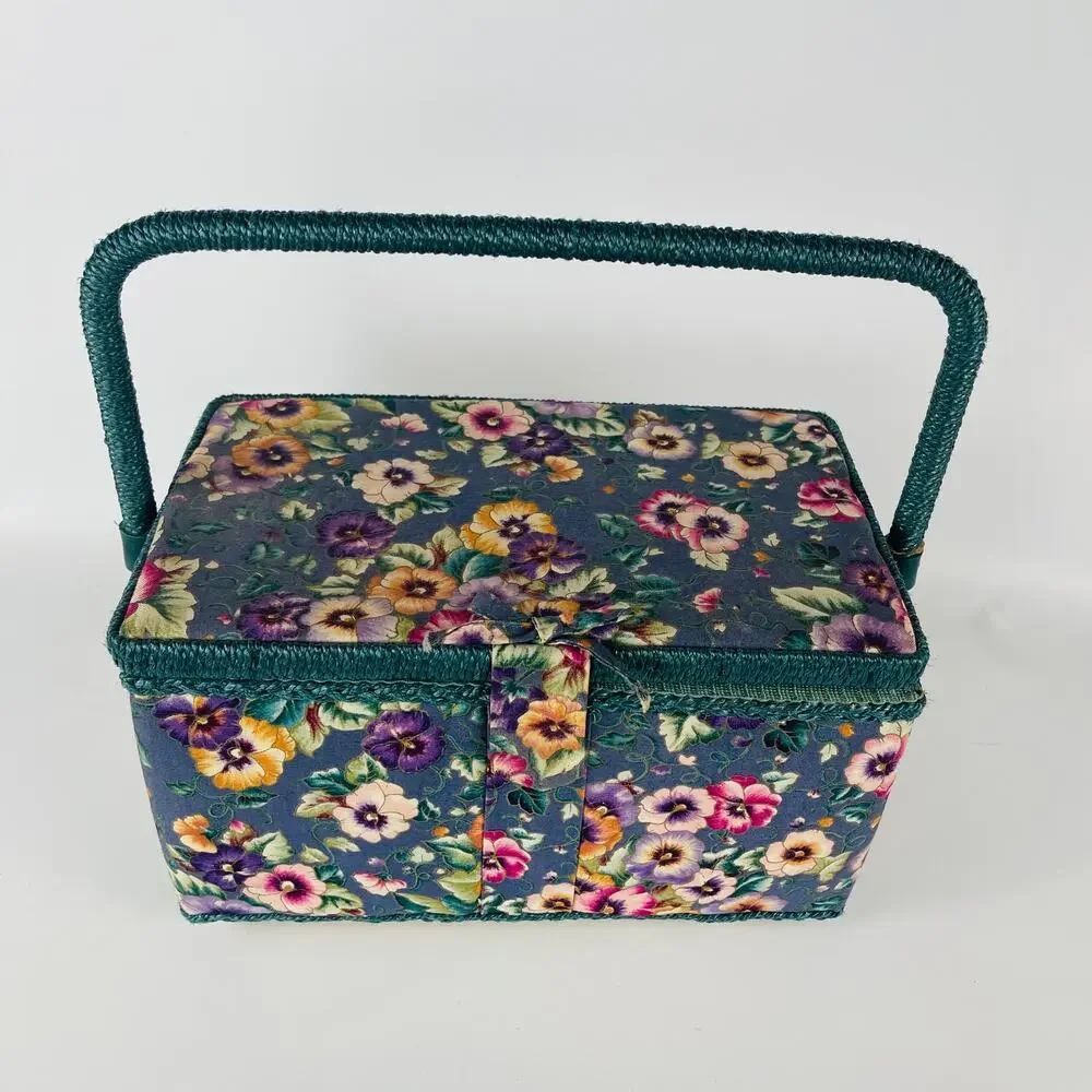 Vintage Style Hobby Sewing Box Blue with Pansy Print Green Trim with Pin Cushion - Picture 1 of 8
